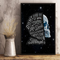Framed canvas wall art featuring blue skull profile with handwritten quote over star field