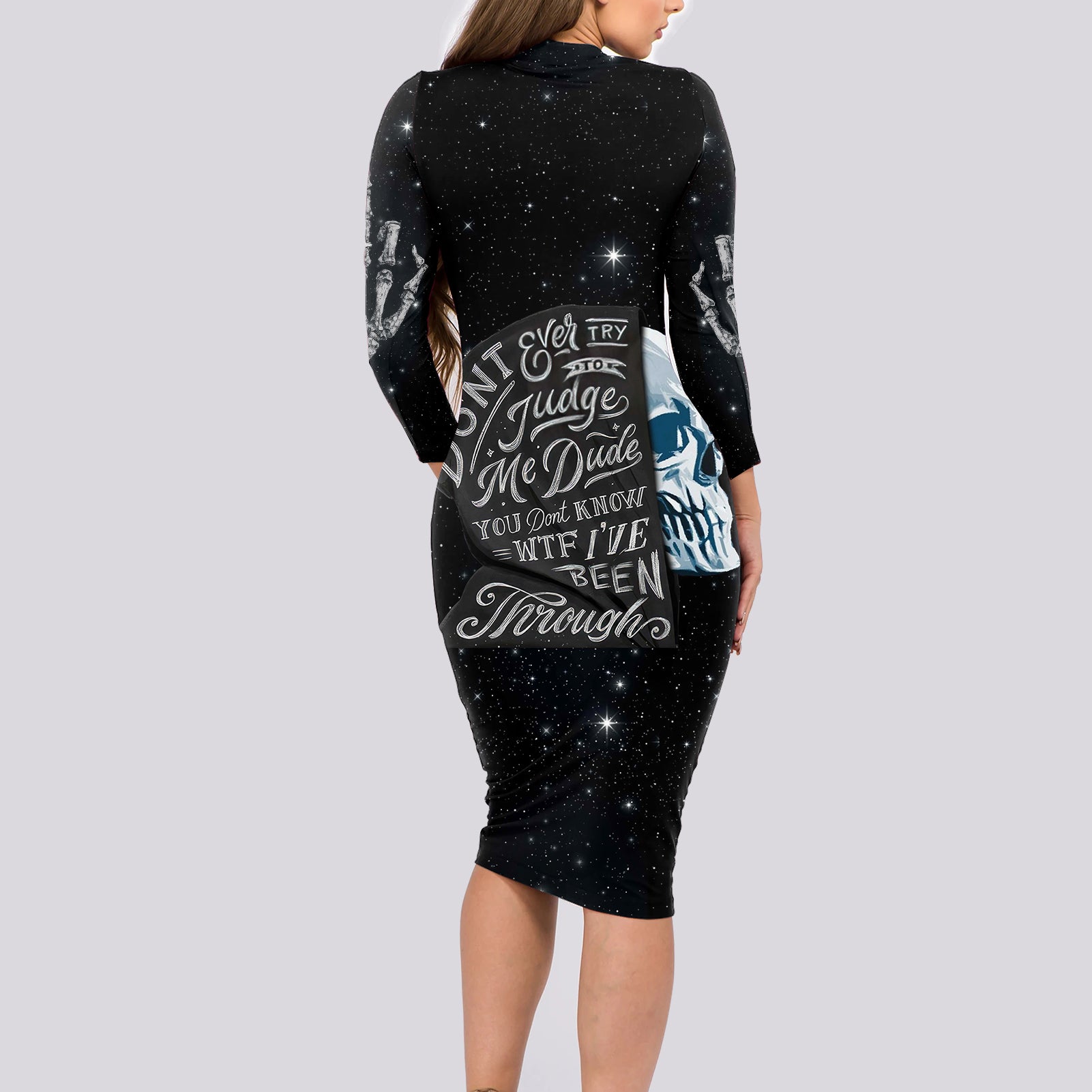 Sad Skull Long Sleeve Bodycon Dress Don't Ever Try To Judge Me Dude - Wonder Print Shop