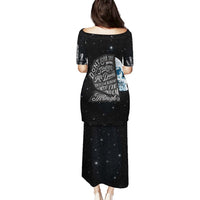 Black long dress, short sleeves, off-shoulder, galaxy print with skull and text on back