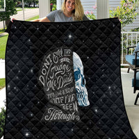 Black quilt panel with skull graphic and 'Judge' quote, diamond quilted texture