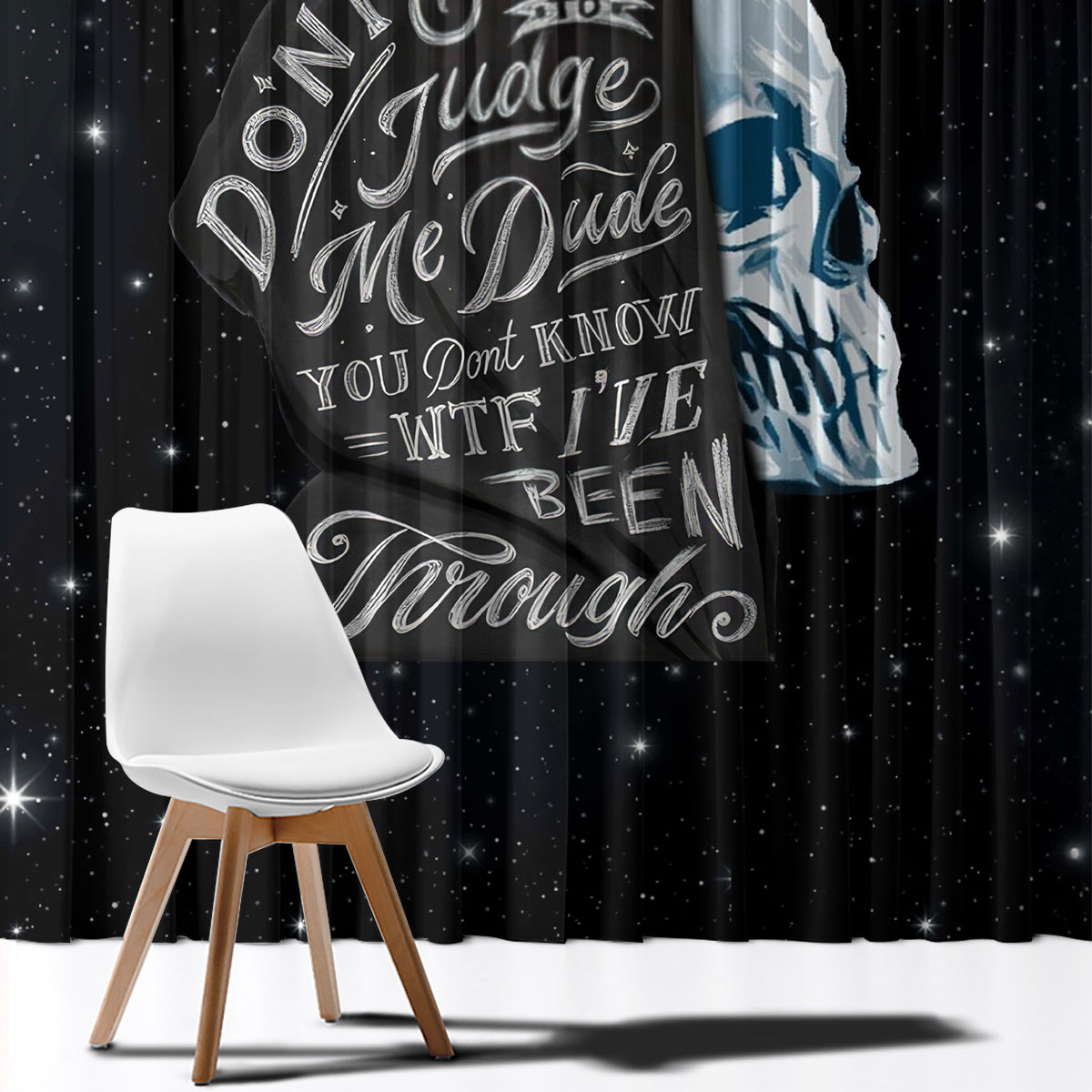 Black skull window curtain with large graphic and motivational quote text panels