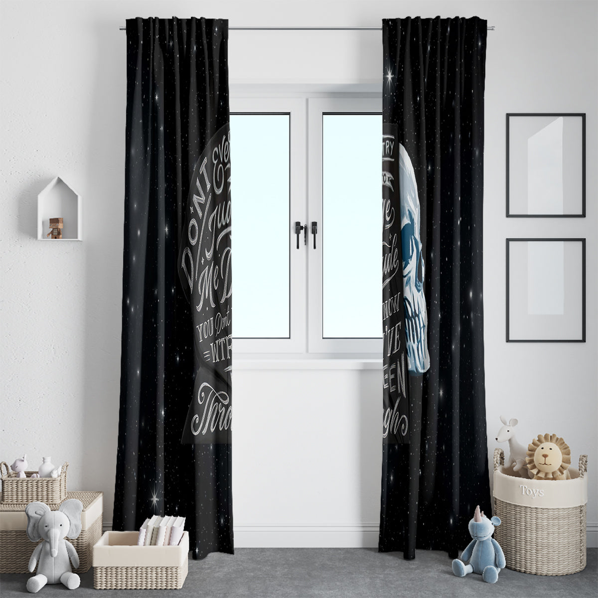 Pair of black skull window curtains with star dots and white script lettering panels
