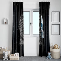 Pair of black skull window curtains with star dots and white script lettering panels