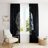 Black skull window curtains with long hanging panels and blue face graphic on side
