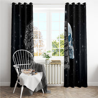 Black skull window curtains with grommet tops and printed quote text across panels