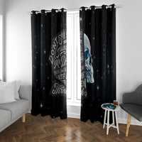 Black skull window curtains with star speckle pattern and large vertical text print