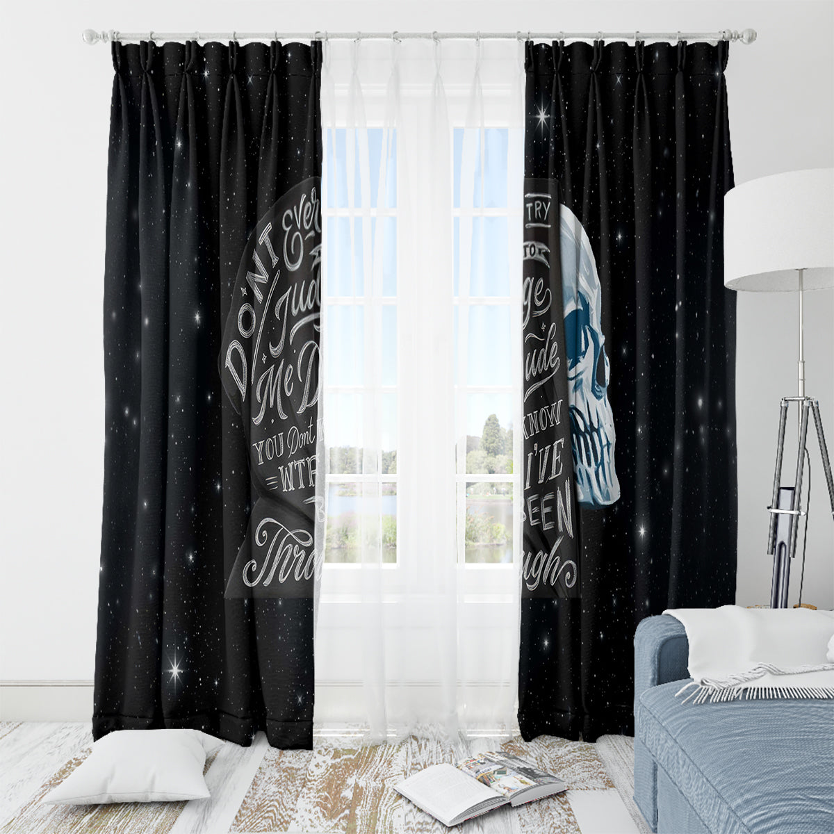 Black skull window curtain set with top hooks and central graphic script text