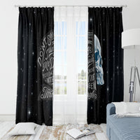 Black skull window curtain set with top hooks and central graphic script text