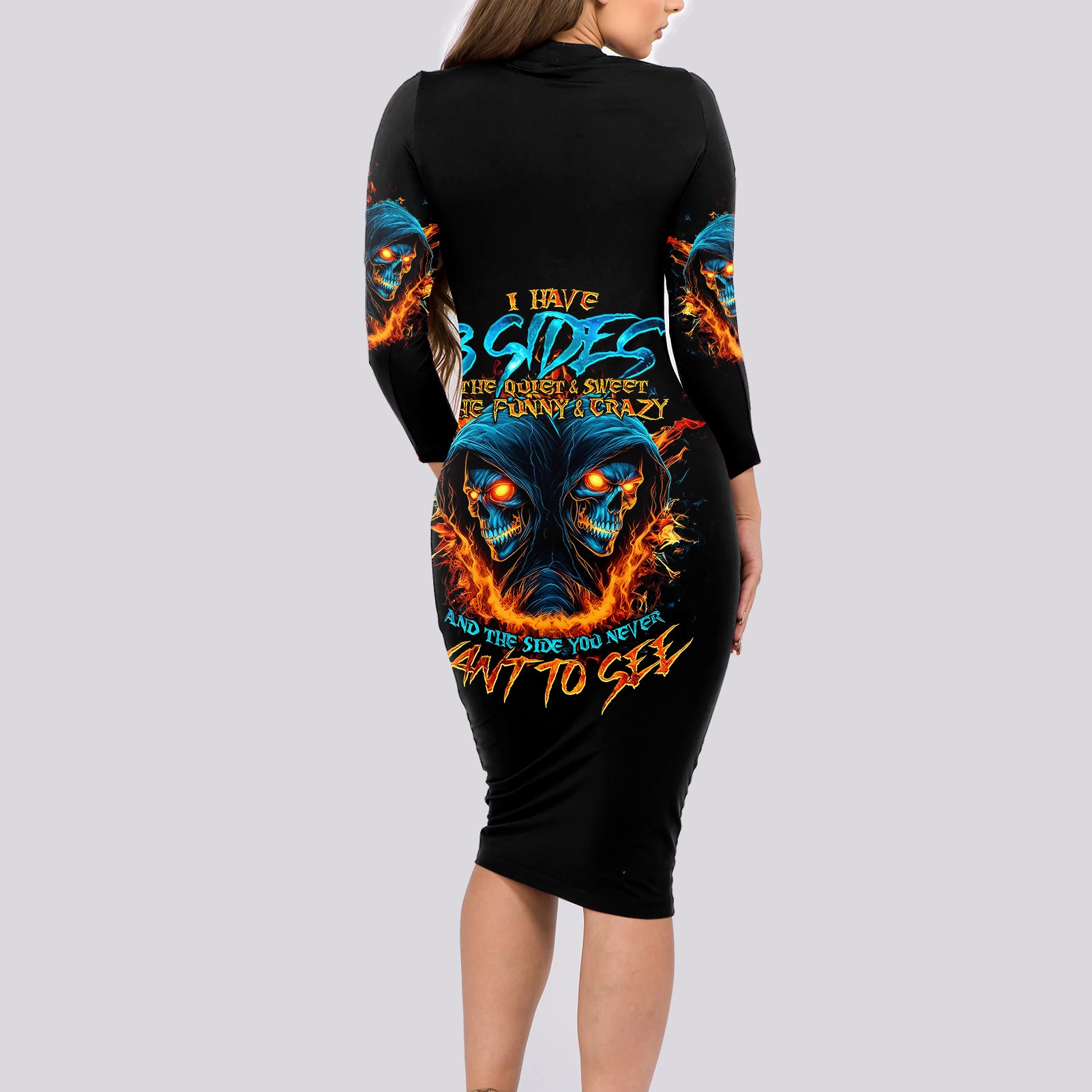 Double Fire Skull Long Sleeve Bodycon Dress I Have 3 Side Quite Funny And The Side You Never Want To See - Wonder Print Shop