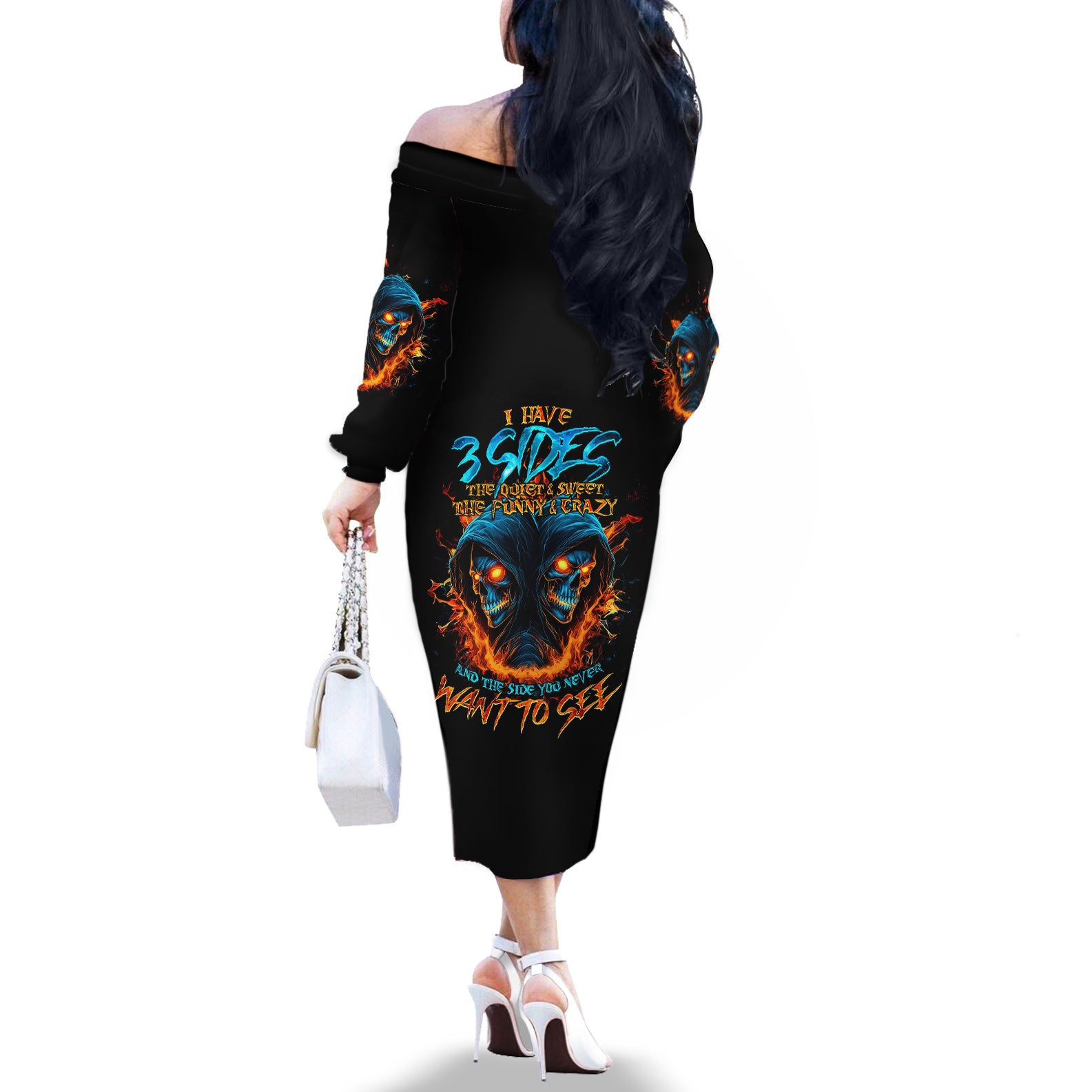 Double Fire Skull Off The Shoulder Long Sleeve Dress I Have 3 Side Quite Funny And The Side You Never Want To See - Wonder Print Shop