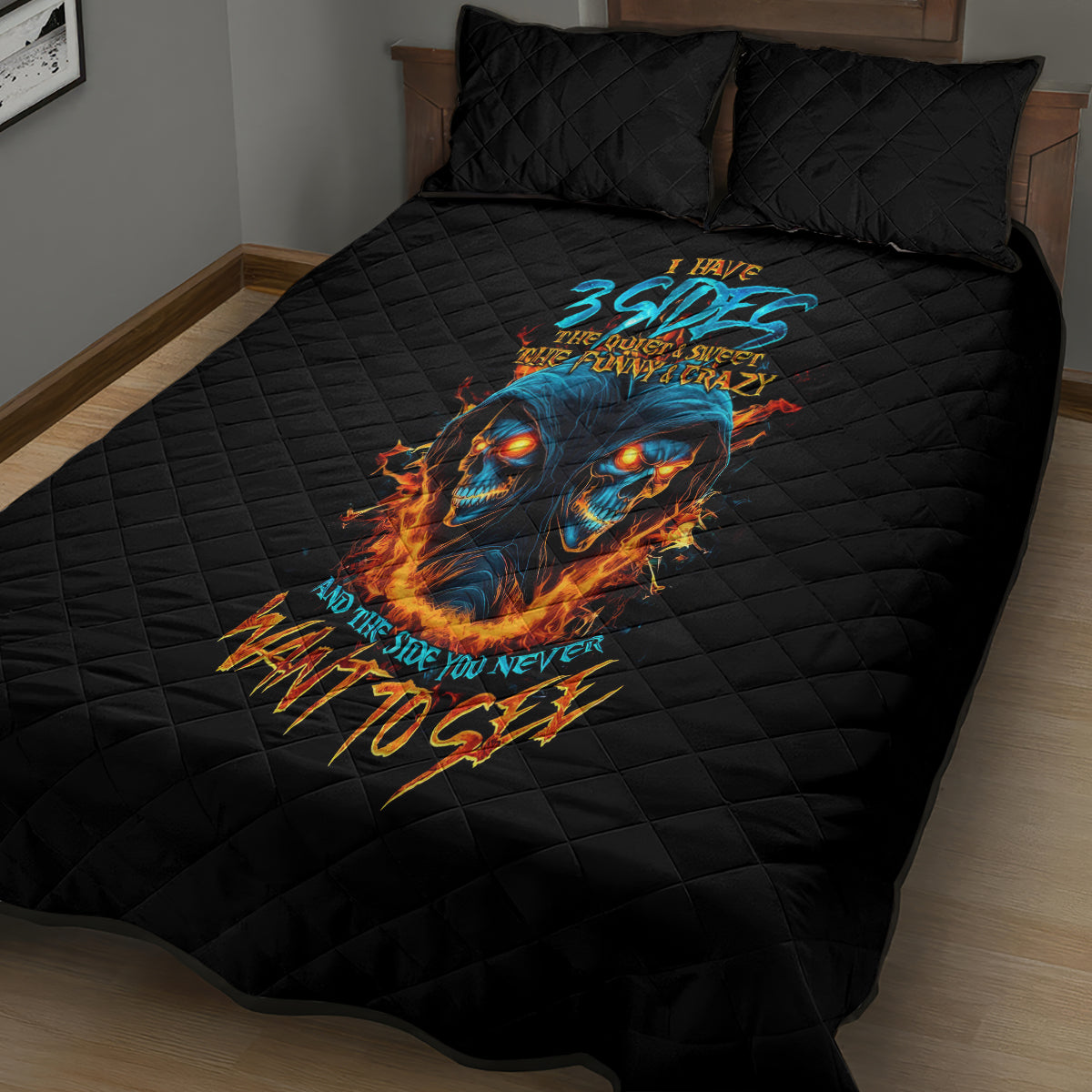 Black double quilt bed set with blue skull flame graphic, diamond-quilt top and pillows