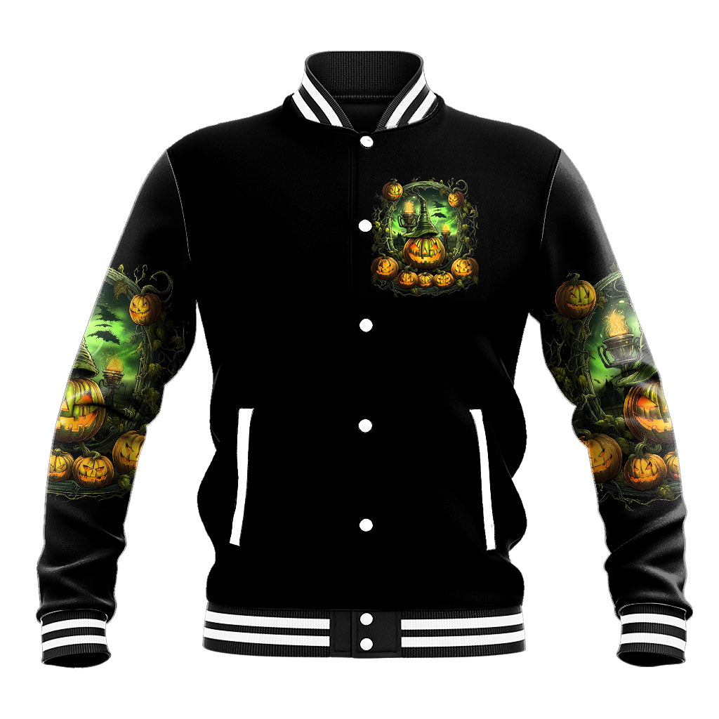 Unisex black baseball jacket with striped ribbed cuffs and green pumpkin witch front patch