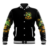 Unisex black baseball jacket with striped ribbed cuffs and green pumpkin witch front patch