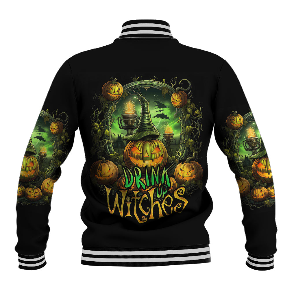 Unisex black baseball jacket with ribbed striped collar and green pumpkin witch back print