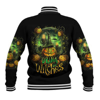 Unisex black baseball jacket with ribbed striped collar and green pumpkin witch back print