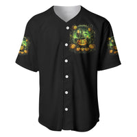 Black baseball jersey with button front and green pumpkin skull witch chest graphic