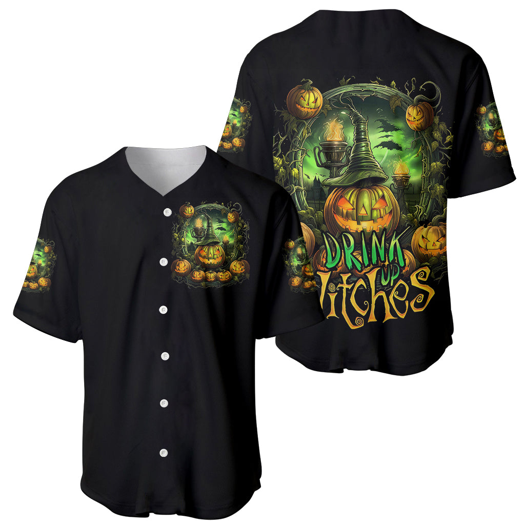 Black baseball jersey showing back and front: green pumpkin skull witch graphics, button front