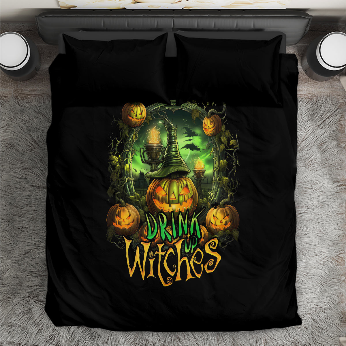Black bedding set with “Drink Witches” pumpkin skull design and two matching pillowcases