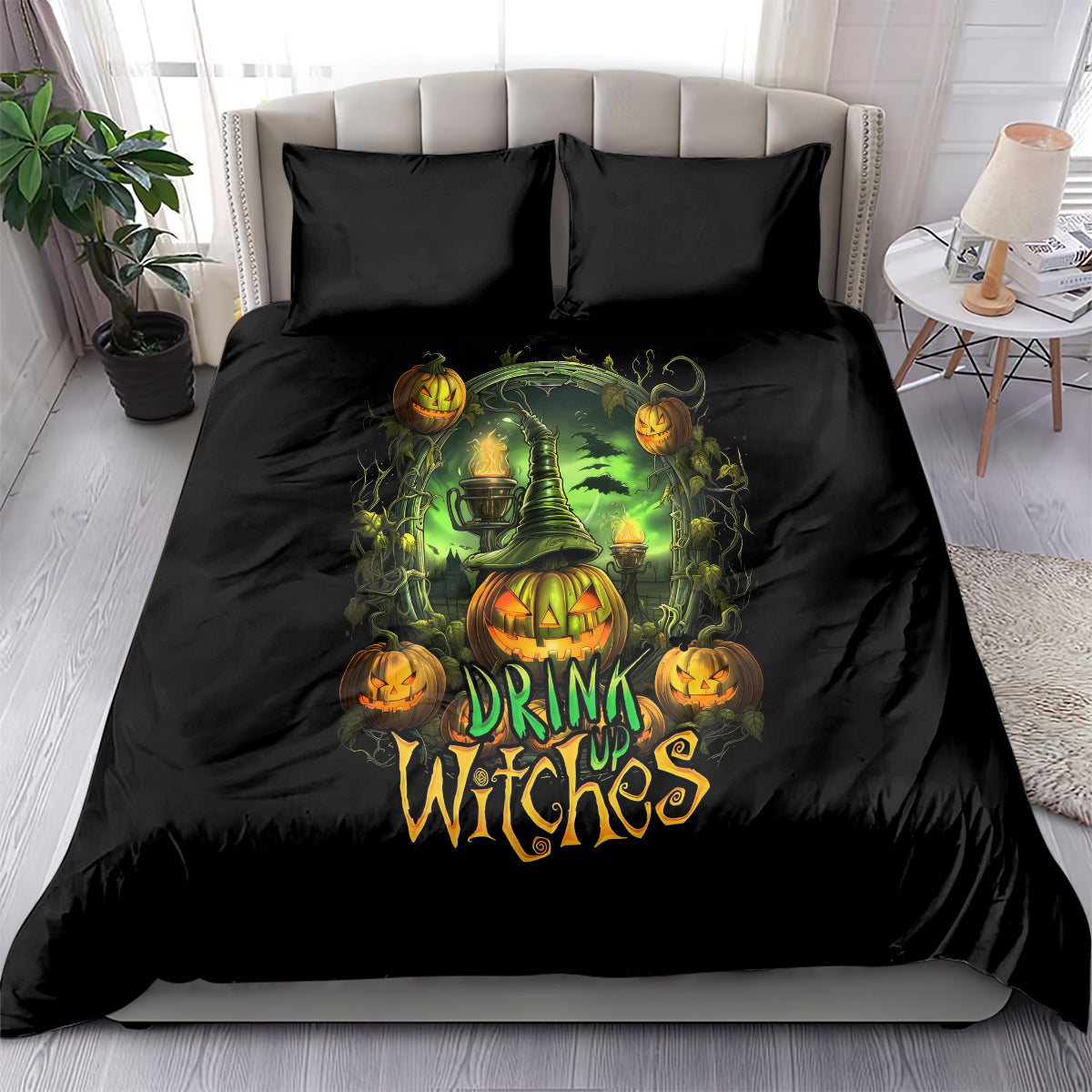 Black duvet cover set with green and orange pumpkin skull “Drink Witches” graphic