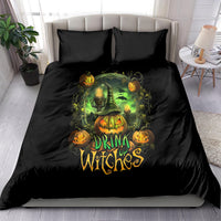 Black duvet cover set with green and orange pumpkin skull “Drink Witches” graphic