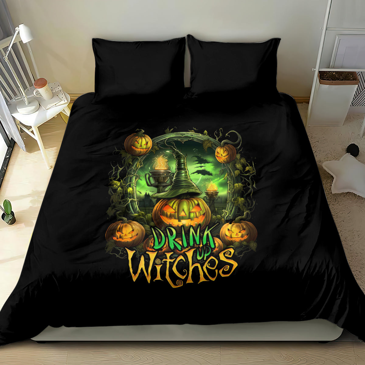 Black bedding set with green and orange cauldron pumpkin skull “Drink Witches” print