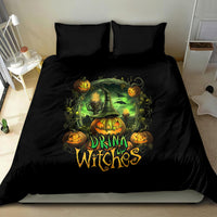 Black bedding set with green and orange cauldron pumpkin skull “Drink Witches” print