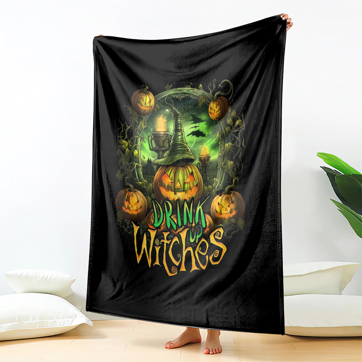 Black halloween wall-hanging style throw blanket with green glow drink up witches design