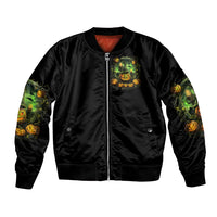 Black bomber jacket with front zipper, orange lining, pumpkin witch graphic (front)