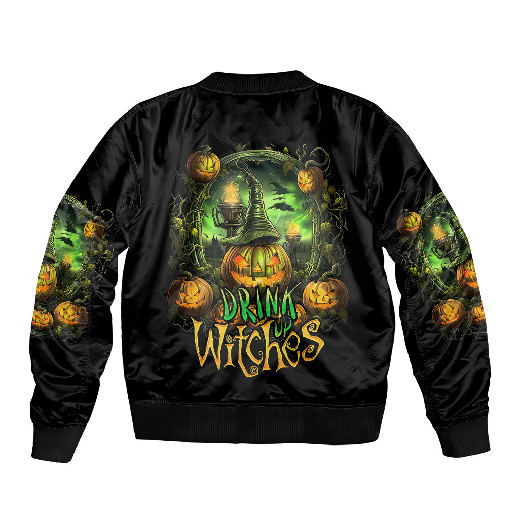 Black satin bomber jacket, ribbed collar and cuffs, Drink Witches pumpkin graphic (back)