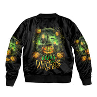 Black satin bomber jacket, ribbed collar and cuffs, Drink Witches pumpkin graphic (back)