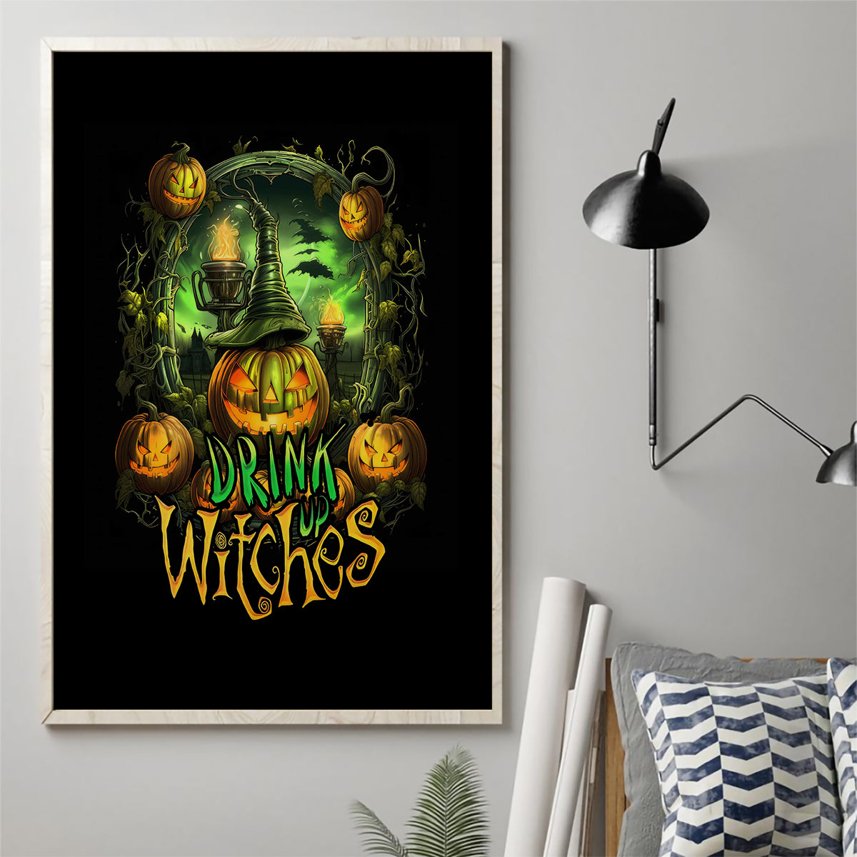 Framed Halloween canvas wall art with green witch, pumpkins, and “Drink Witches” text