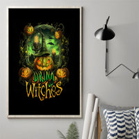 Framed Halloween canvas wall art with green witch, pumpkins, and “Drink Witches” text