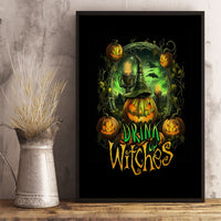 Black-framed Halloween canvas wall art featuring a green witch, pumpkins, and “Drink Witches”