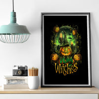 Silver-framed Halloween canvas wall art with green witch, pumpkins, and “Drink Witches” text