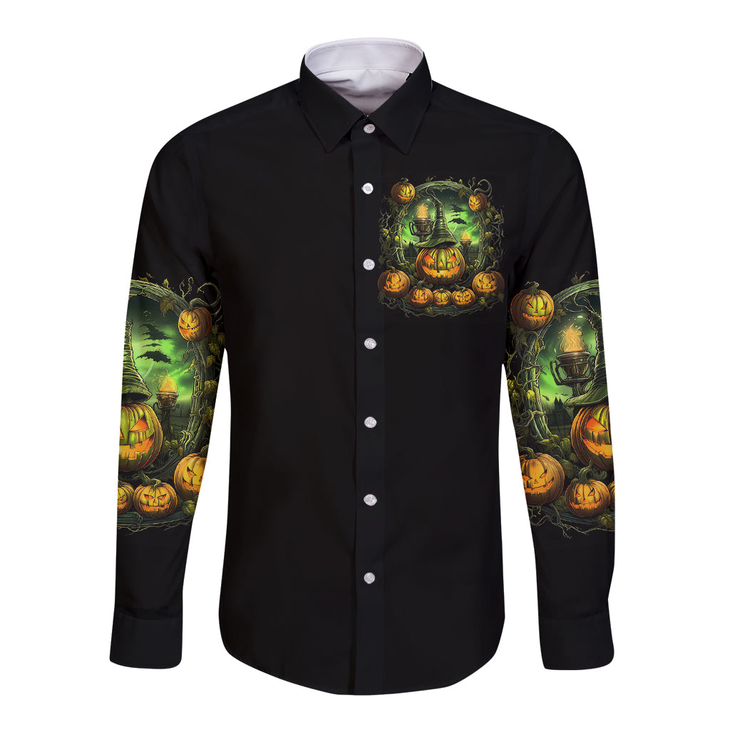 Black long-sleeve button shirt with front Halloween witch and pumpkin graphic