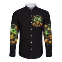 Black long-sleeve button shirt with front Halloween witch and pumpkin graphic