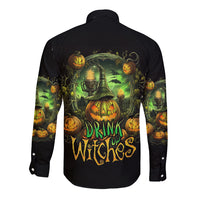 Black long-sleeve button shirt with back Halloween witch and pumpkin graphic