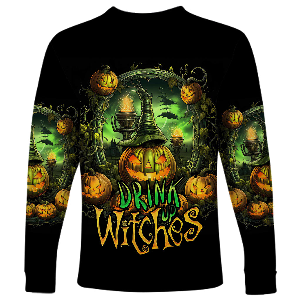 Black long-sleeve shirt, green pumpkin skull 'Drink up witches' print