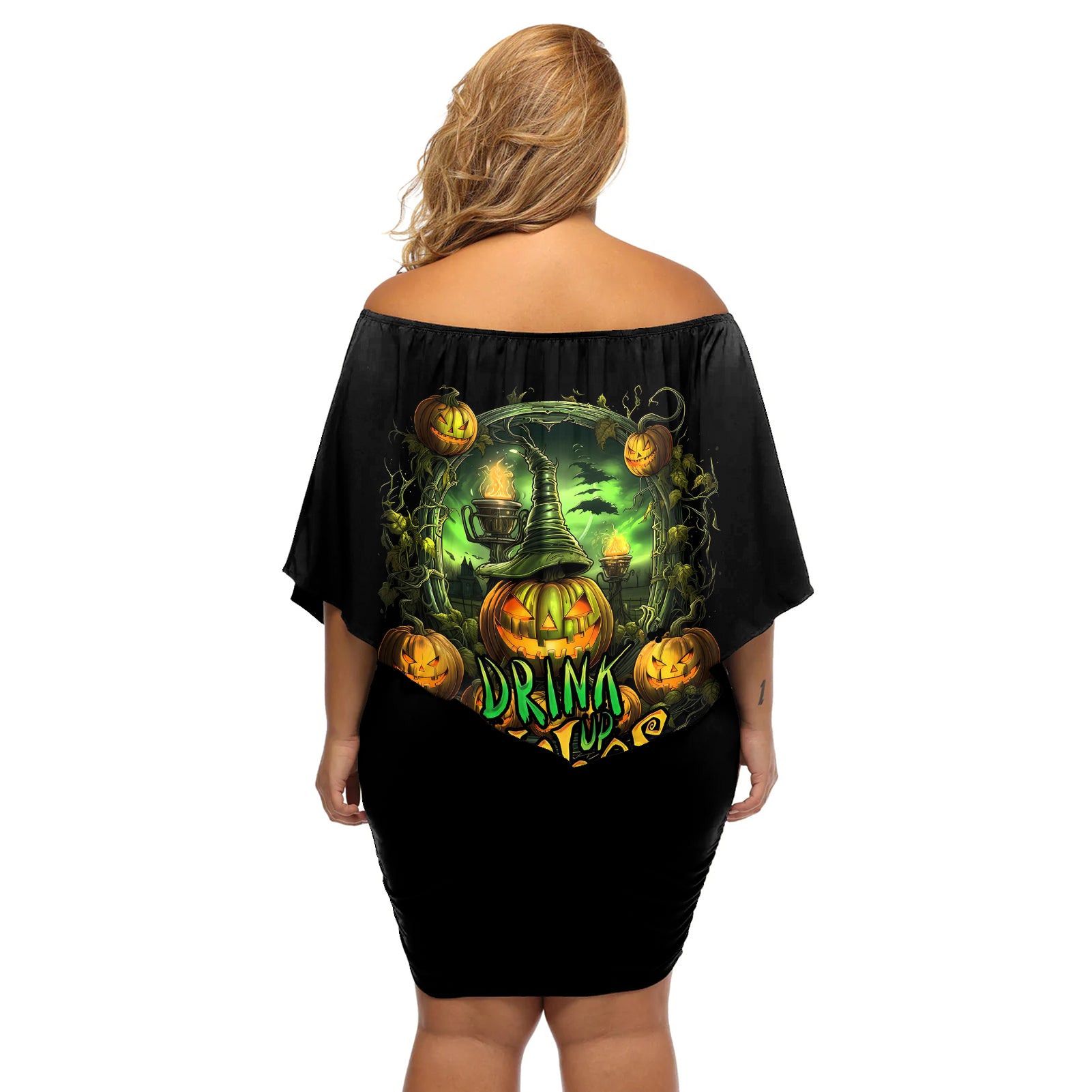 Pumpkin Skull Off Shoulder Short Dress Drink Up Witches - Wonder Print Shop