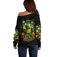 Black off-shoulder sweater with green pumpkin skull 'Drink a Witches' graphic