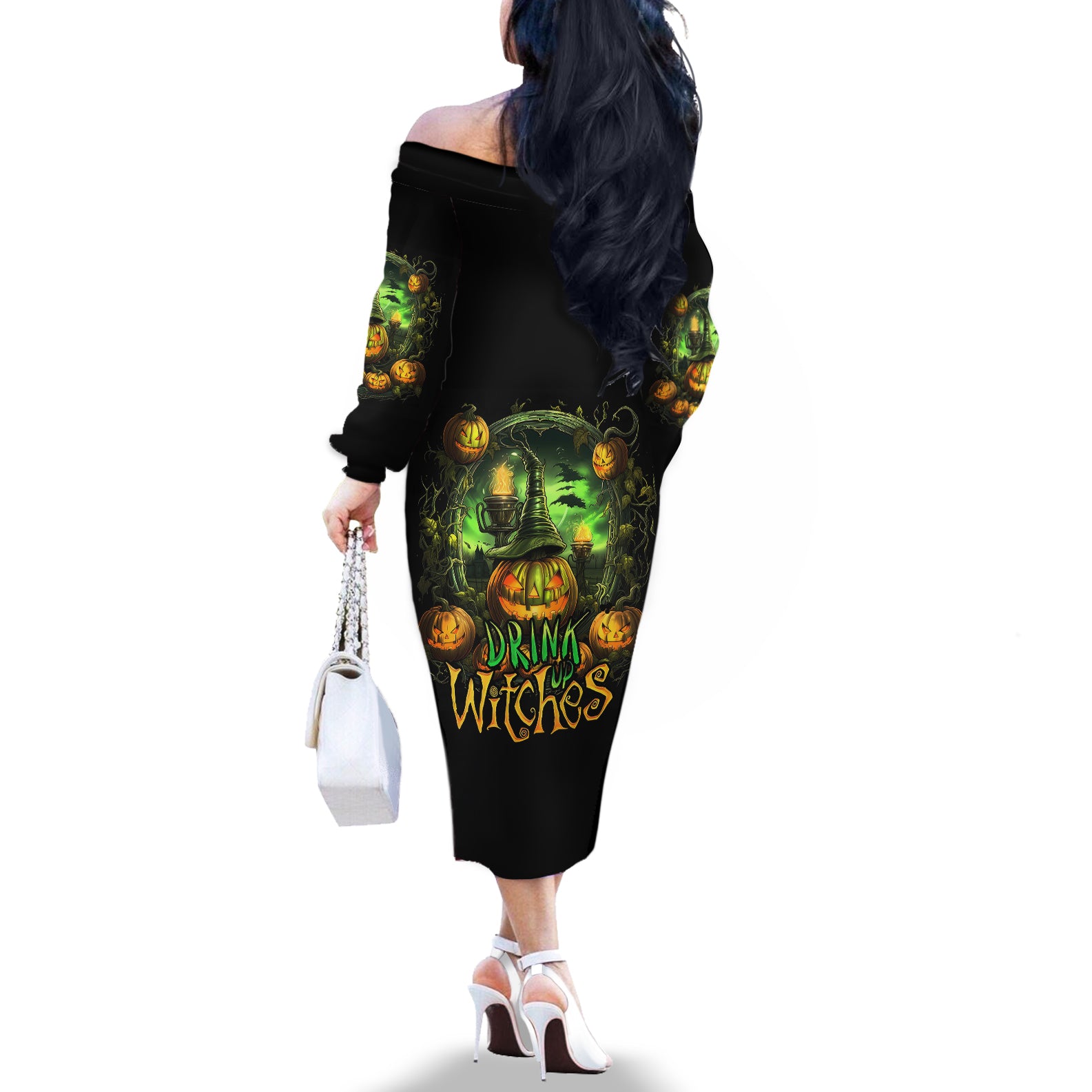 Pumpkin Skull Off The Shoulder Long Sleeve Dress Drink Up Witches - Wonder Print Shop