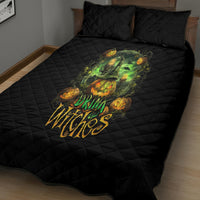 Black quilted bed set with green pumpkin skull Drink Witches comforter and pillows
