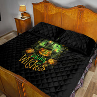 Black quilted bed set with green pumpkin skull Drink Witches artwork on comforter