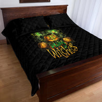Black quilted comforter with green pumpkin skull Drink Witches graphic and matching pillow