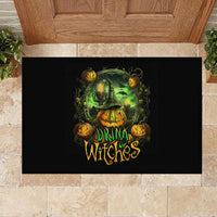 Black rubber doormat featuring circular witchcraft pumpkins and 'Drink Witches' phrase