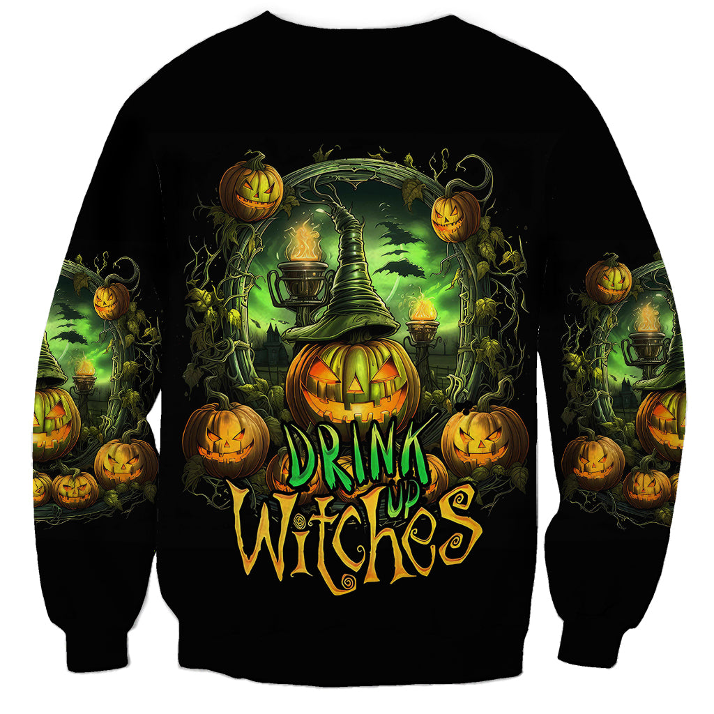 Black unisex sweatshirt with green pumpkin skull witch 'Drink Up Witches' print
