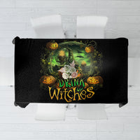 Black tablecloth showing full 'Drink up Witches' pumpkin skull centerpiece graphic.