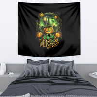 Black Halloween tapestry with green witch, pumpkins, and text 'DRINK UP WITCHES'