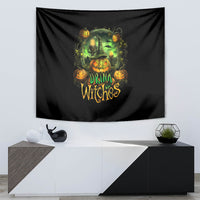 Black Halloween tapestry with glowing witch and jack-o'-lantern pumpkins reading 'DRINK UP WITCHES'