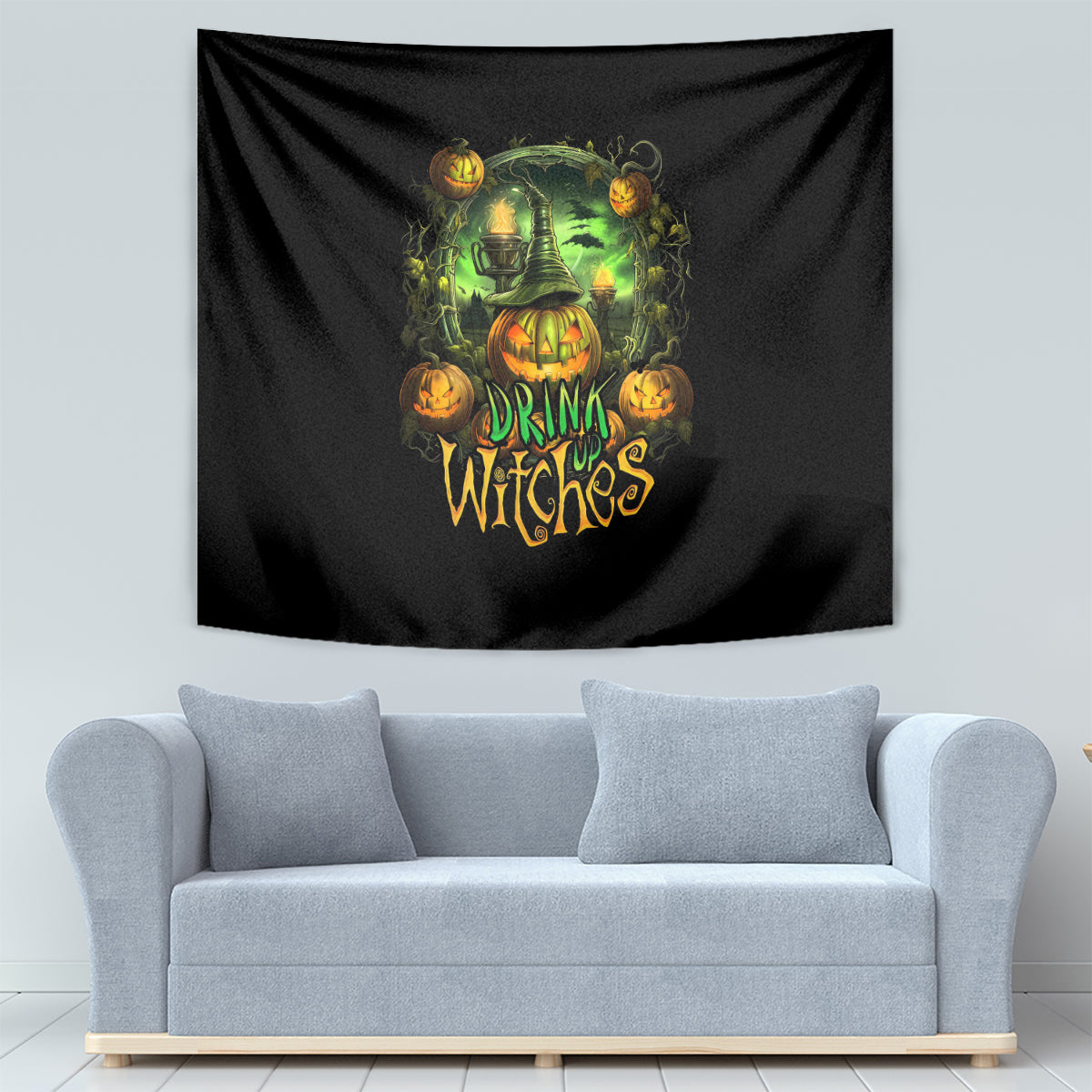 Black tapestry featuring glowing green witch, orange pumpkins, and 'DRINK UP WITCHES' lettering